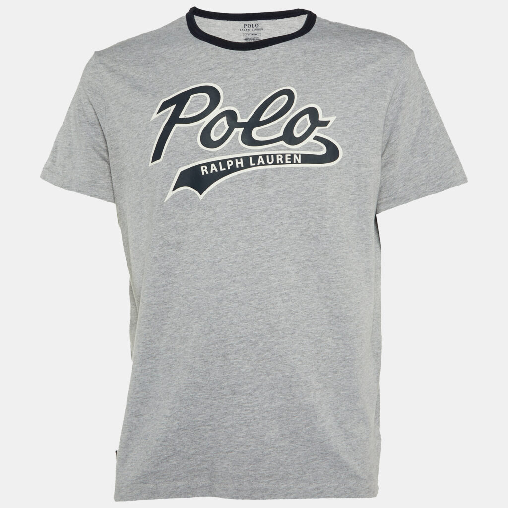 Polo Ralph Lauren Grey/Navy Blue Logo Print Cotton Crew Neck T-Shirt L