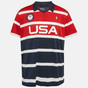 Polo Ralph Lauren Navy Blue/Red Stripe Printed Jersey Polo T-Shirt XL