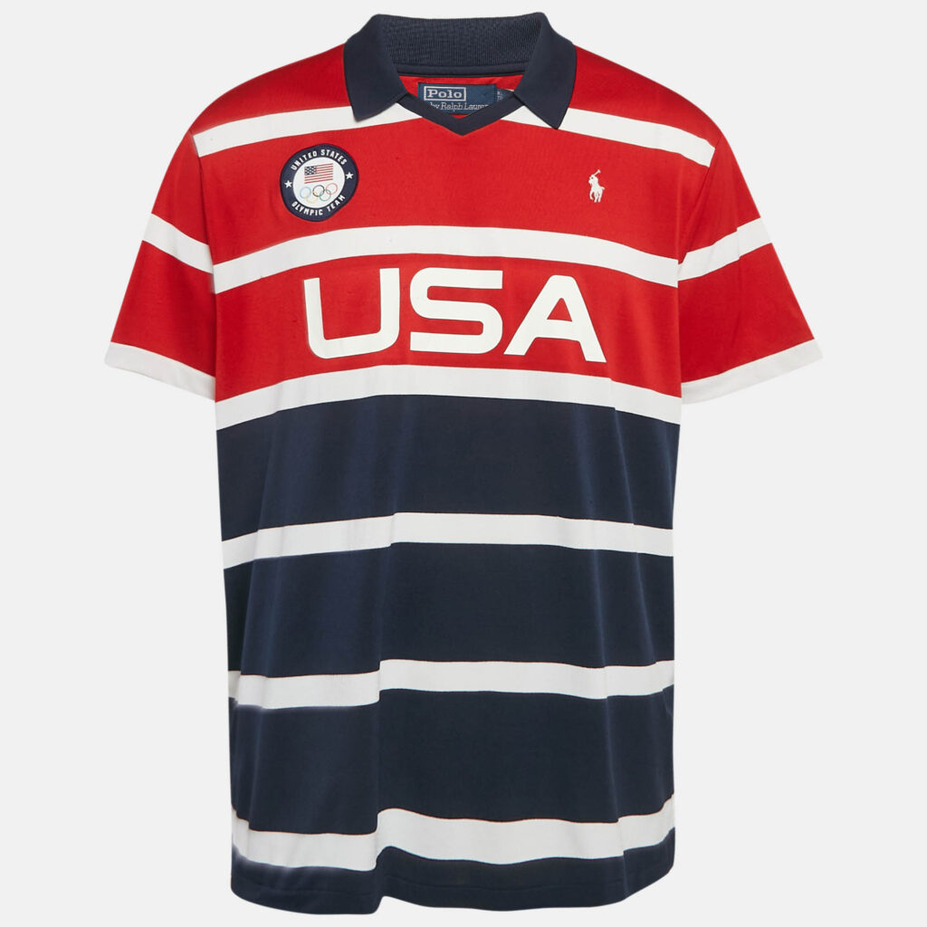 luxury-men-polo-ralph-lauren-used-clothes-p1124601-001 Polo Ralph Lauren Navy Blue/Red Stripe Printed Jersey Polo T-Shirt XL