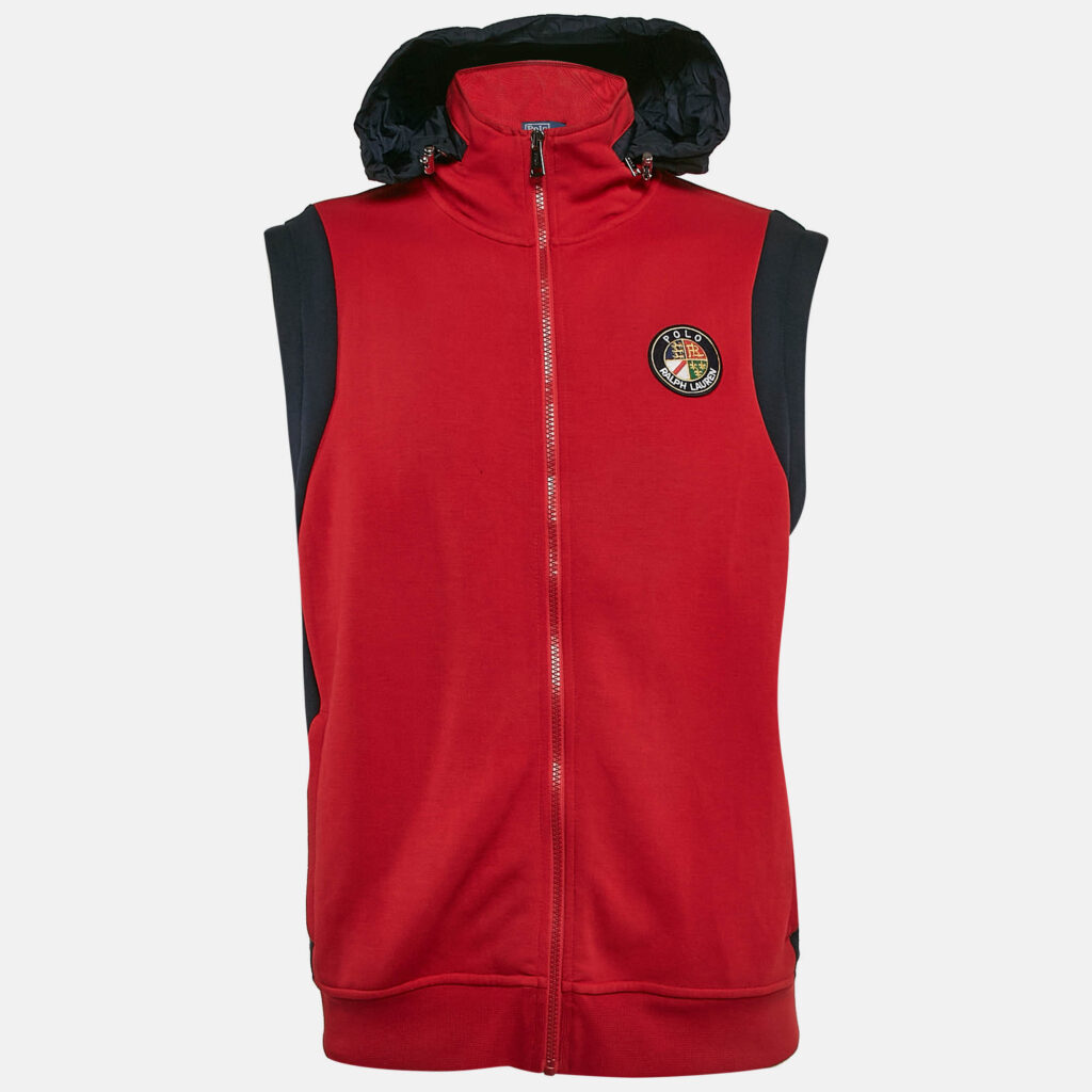 luxury-men-polo-ralph-lauren-used-clothes-p1132815-001 Polo Ralph Lauren Red Printed Cotton Blend Knit Sleeveless Hooded Jacket L