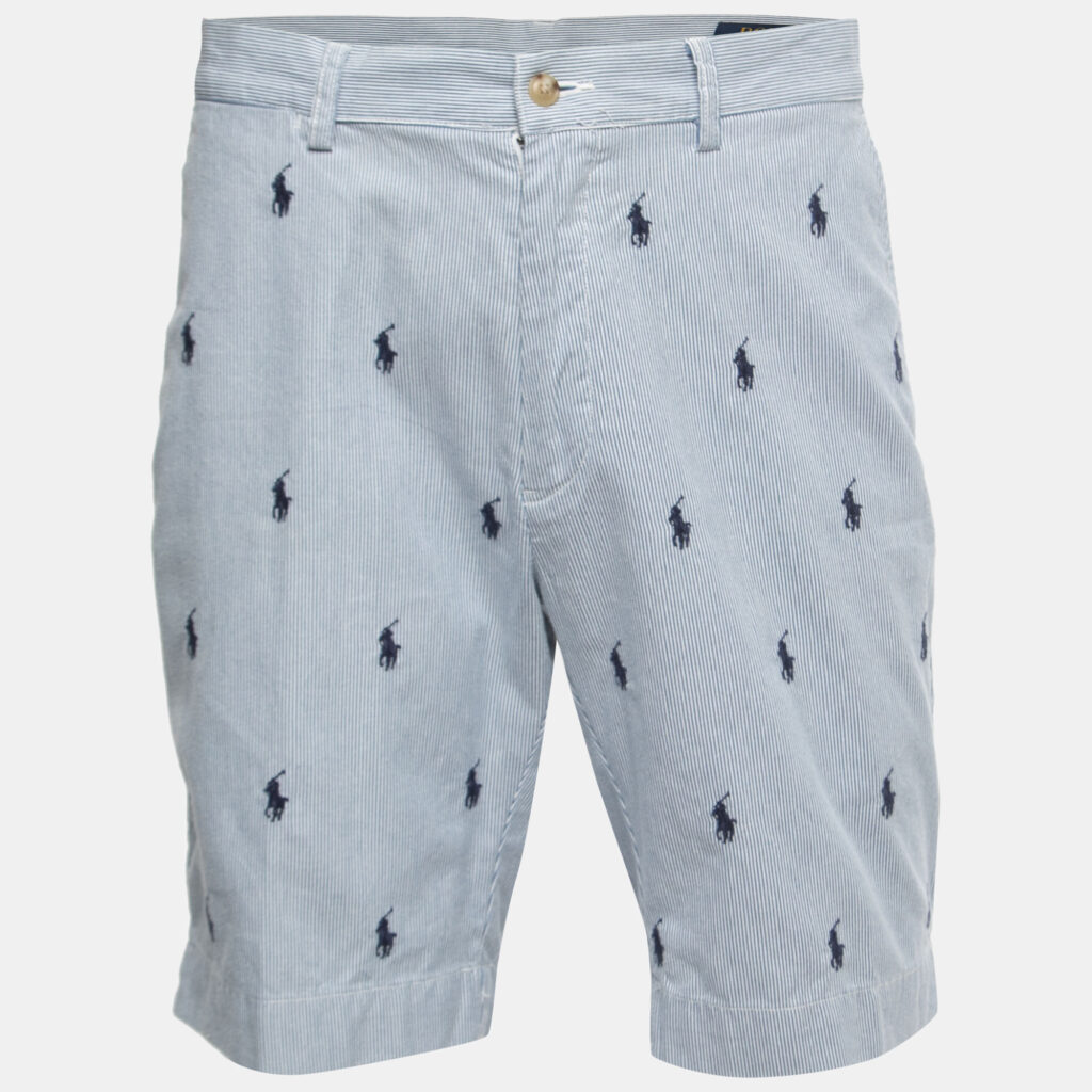 luxury-men-polo-ralph-lauren-used-clothes-p838620-001 Polo Ralph Lauren Blue Pinstripe All-Over Motif Embroidered Cotton Shorts M Waist 33"