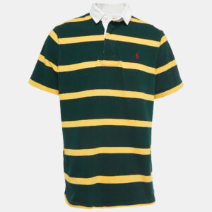 Polo Ralph Lauren Green & Yellow Striped Cotton Knit Contrast Collar T-Shirt L