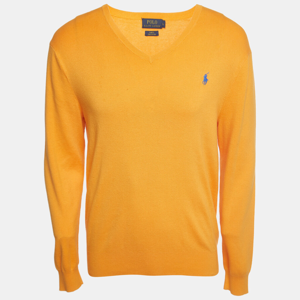luxury-men-polo-ralph-lauren-used-clothes-p926020-001 Polo Ralph Lauren Yellow Logo Embroidered Pima Cotton Slim Fit Sweater L