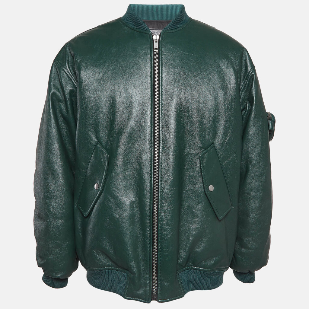 luxury-men-prada-new-clothes-p978696-001 Prada Green Metal Triangle Leather Bomber Jacket XS