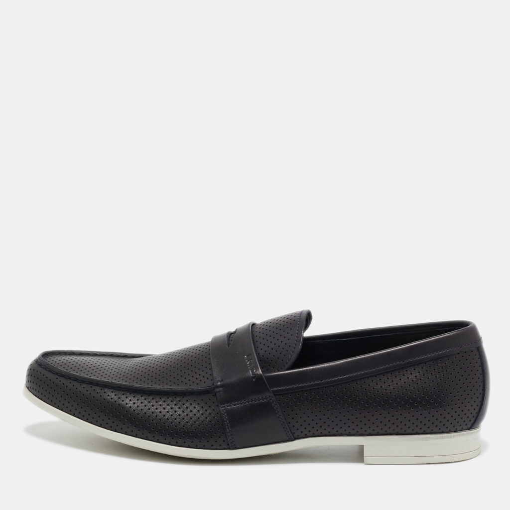 Prada Navy Blue Perforated Leather Slip On Loafers Size 43