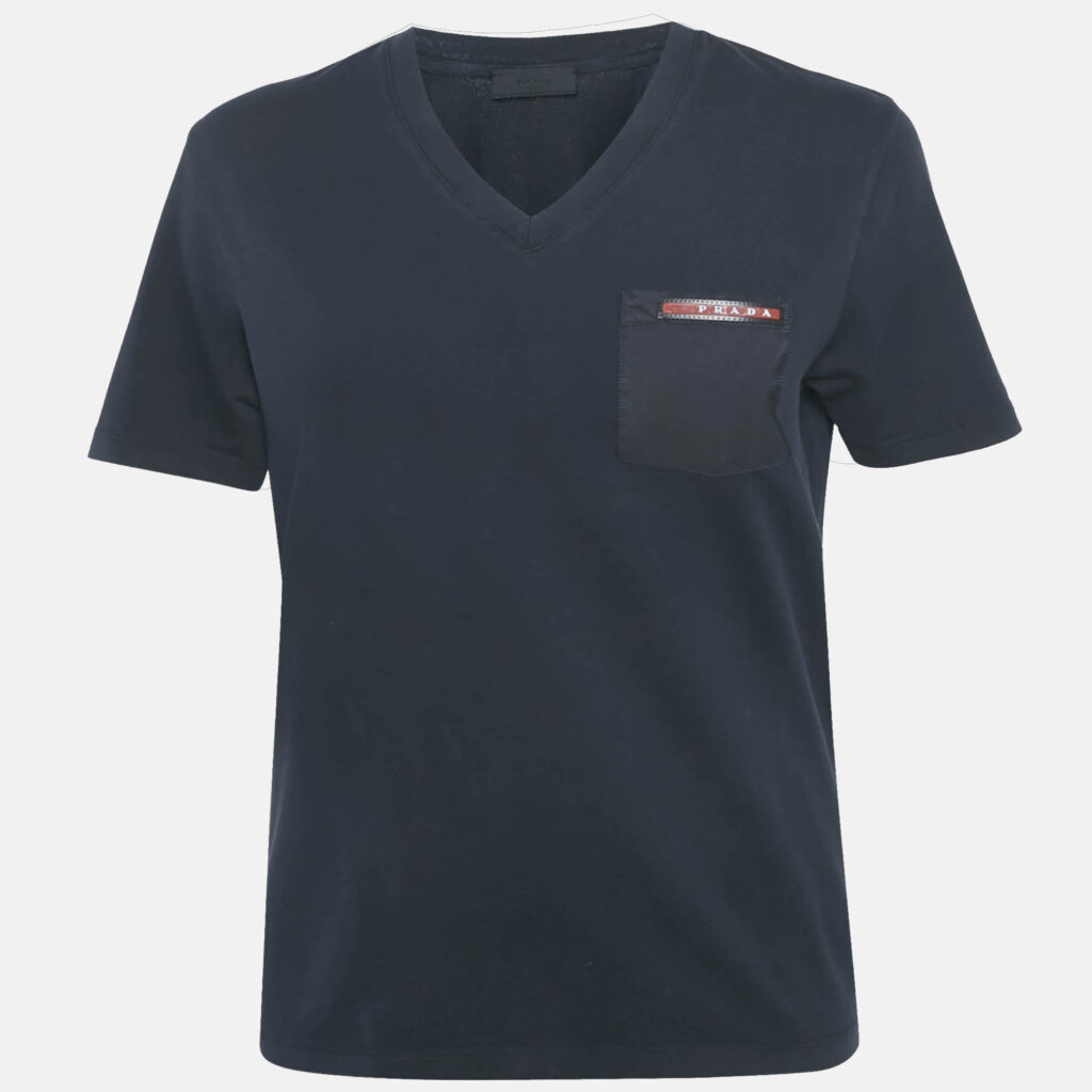 luxury-men-prada-sport-used-clothes-p1169848-001 Prada Sports Midnight Blue/Black Cotton Rubber Logo Nylon Pocket V-Neck T-Shirt S