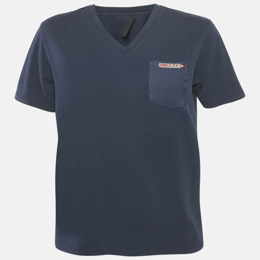 luxury-men-prada-sport-used-clothes-p1169860-005 Prada Blue Cotton Rubber Logo Nylon Pocket V-Neck T-Shirt S