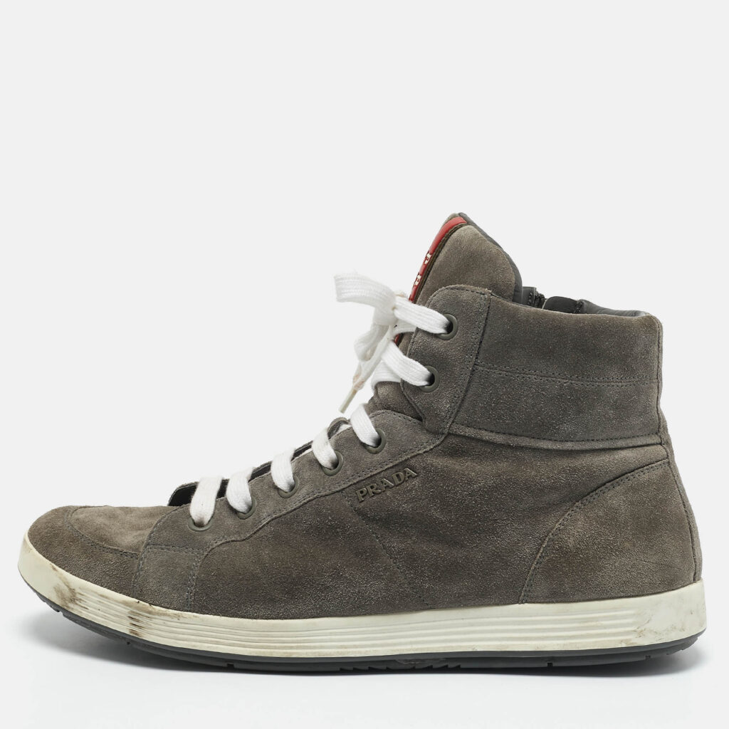 luxury-men-prada-sport-used-shoes-p1158746-011 Prada Sport Grey Suede Leather High Top Sneakers Size 45