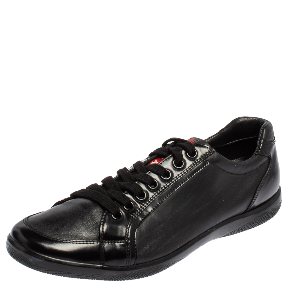 luxury-men-prada-sport-used-shoes-p426146-003 Prada Sport Black Leather And Patent Lace Up Sneakers Size 41