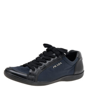 Prada Sport Navy Blue/Black Nylon And Leather Low Top Sneakers Size 37