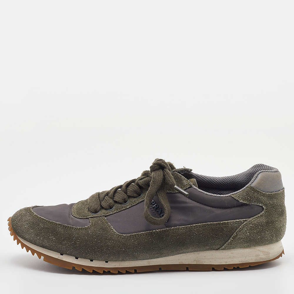 luxury-men-prada-sport-used-shoes-p821541-002 Prada Sport Grey/Green Nylon and Suede Low Top Sneakers Size 39.5