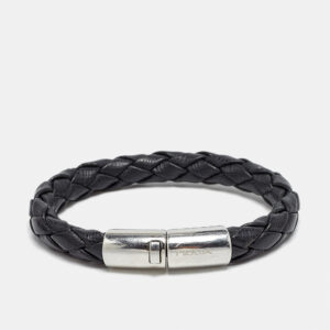 Prada Braided Leather Silver Tone Bracelet