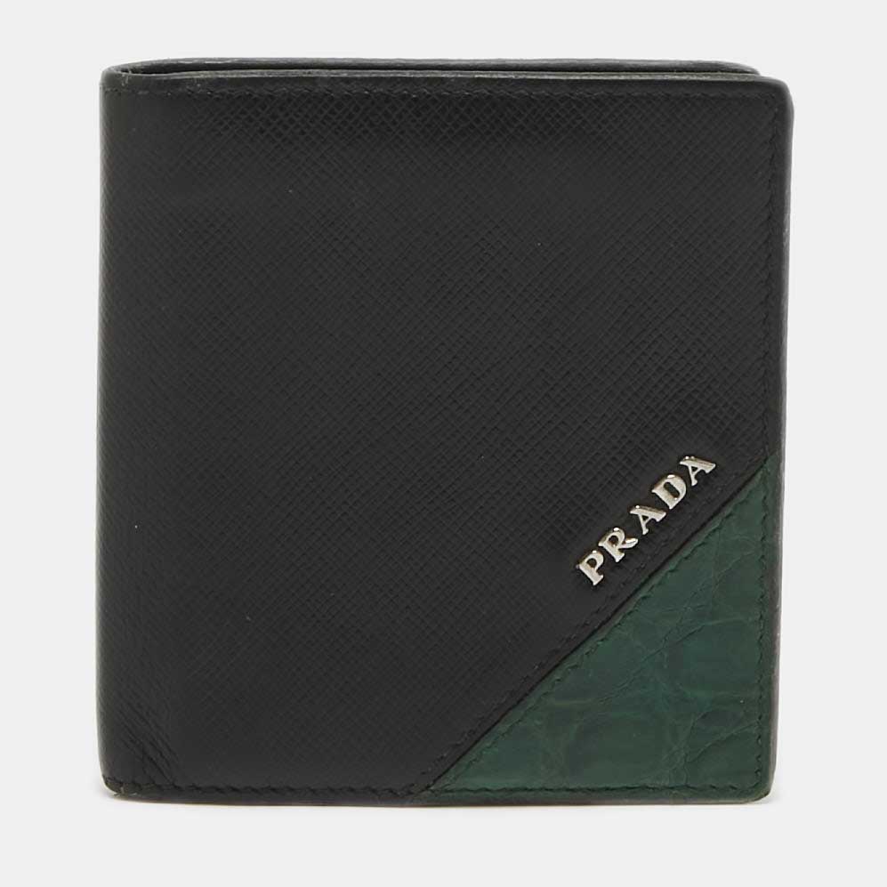 luxury-men-prada-used-bags-p1076061-001 Prada Black/Green Leather and Croc Logo Bifold Wallet
