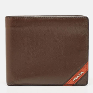 Prada Dark Brown/Orange Saffiano Metal Leather Bi Fold Wallet
