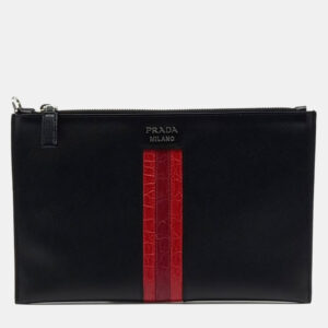 Prada Black Red Leather Saffiano Clutch Bag