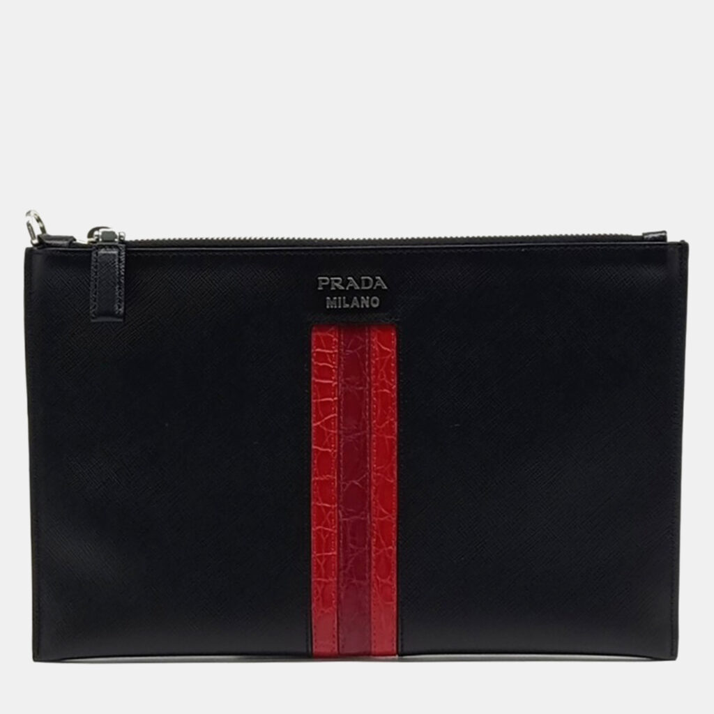 luxury-men-prada-used-bags-p1133243-001 Prada Black Red Leather Saffiano Clutch Bag