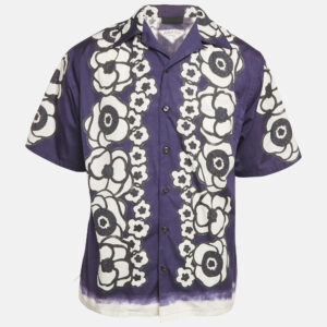 Prada Blue Floral Print Cotton Short Sleeve Shirt M
