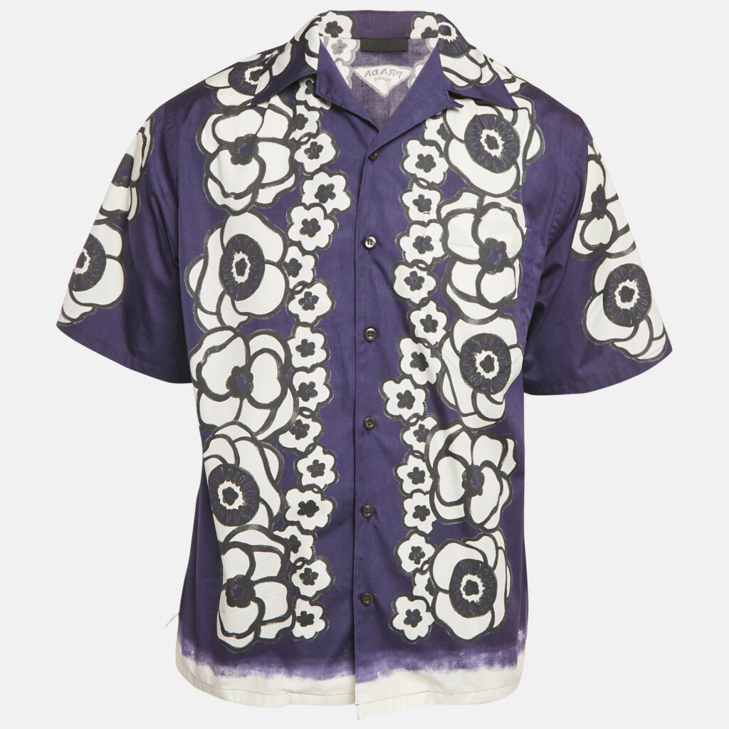 luxury-men-prada-used-clothes-p1129227-001 Prada Blue Floral Print Cotton Short Sleeve Shirt M