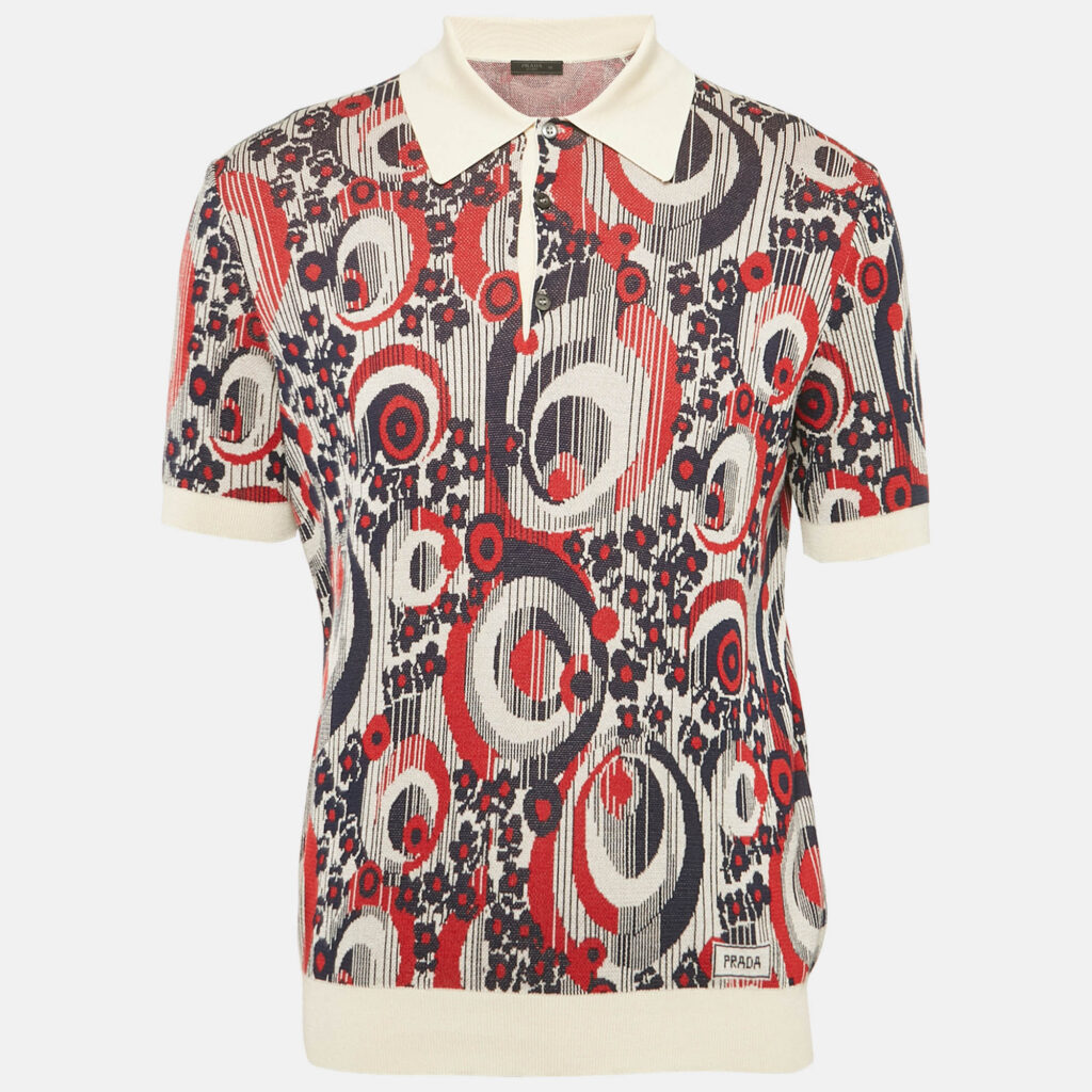luxury-men-prada-used-clothes-p1168978-004 Prada Multicolor Cotton and Silk Jacquard Knit Polo T-Shirt L