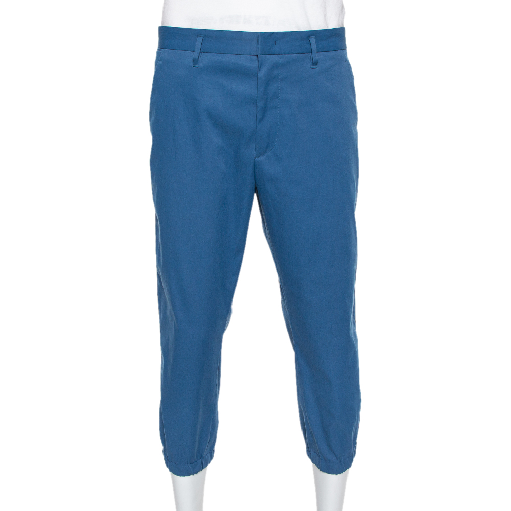 Prada Blue Synthetic Elastic Detail Capri Pants XL