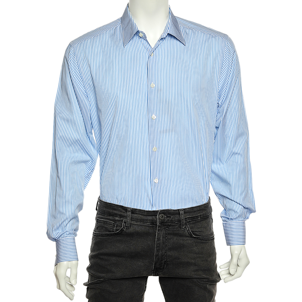 luxury-men-prada-used-clothes-p563260-005-2 Prada Blue Striped Cotton Button Front Shirt XL