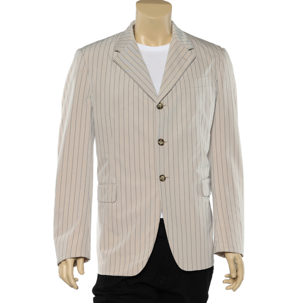 luxury-men-prada-used-clothes-p613321-003-2 Prada Beige Pinstriped Cotton Button Front Blazer XL
