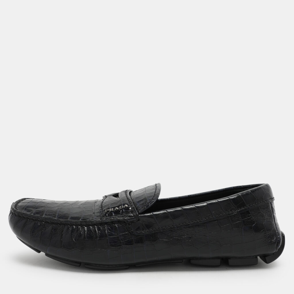 luxury-men-prada-used-shoes-p1046288-001 Prada Navy Blue Croc Embossed Leather Penny Loafers Size 41.5