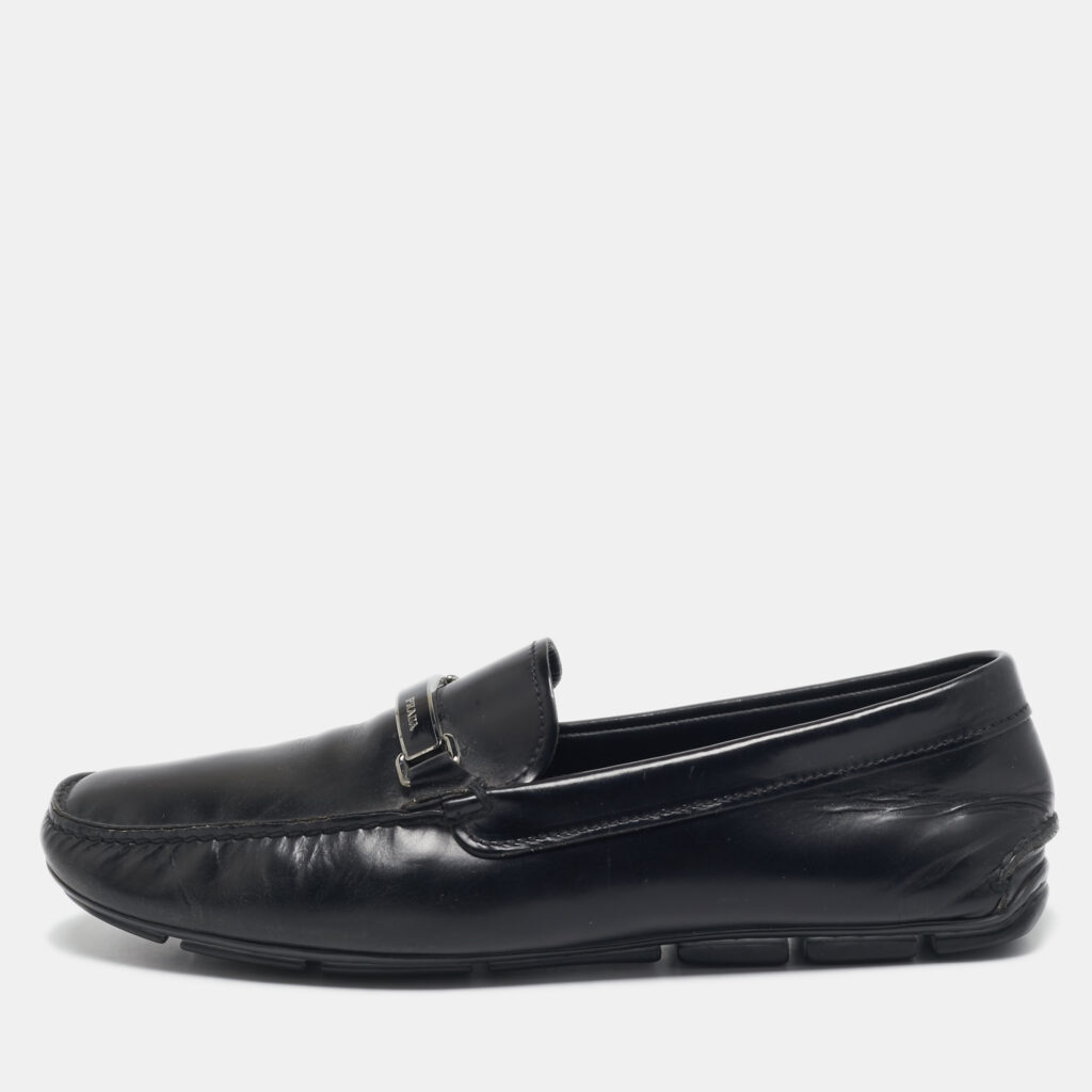 luxury-men-prada-used-shoes-p1129468-001 Prada Black Leather Slip On Loafers Size 43