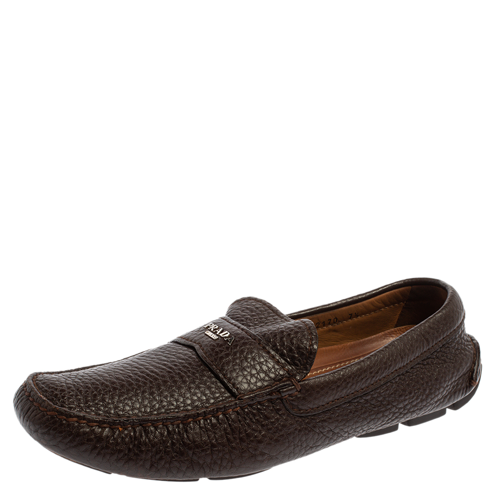 luxury-men-prada-used-shoes-p368785-005 Prada Brown Leather Slip On Loafers Size 41.5
