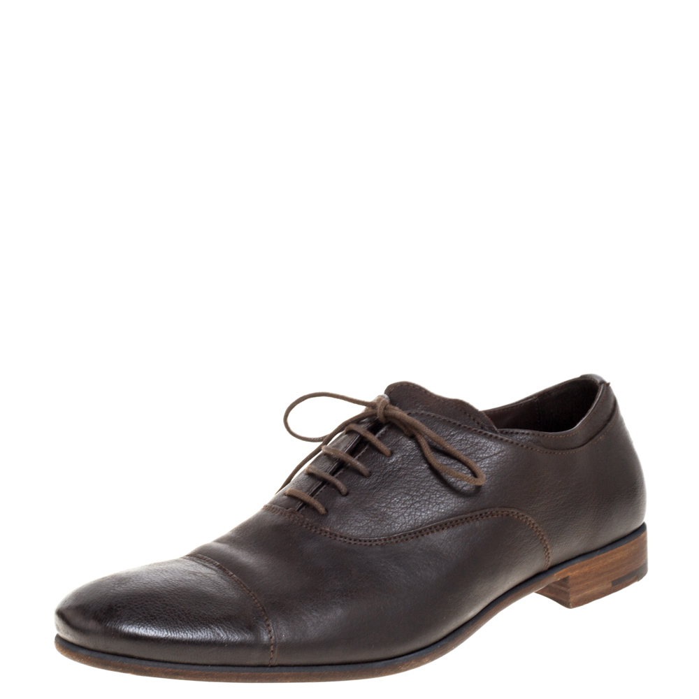 luxury-men-prada-used-shoes-p370910-013 Prada Dark Brown Leather Cap Toe Lace Up Oxford Size 42.5