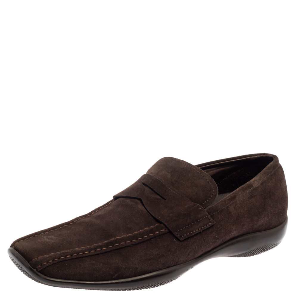 luxury-men-prada-used-shoes-p384513-001 Prada Brown Suede Penny Loafers Size 44
