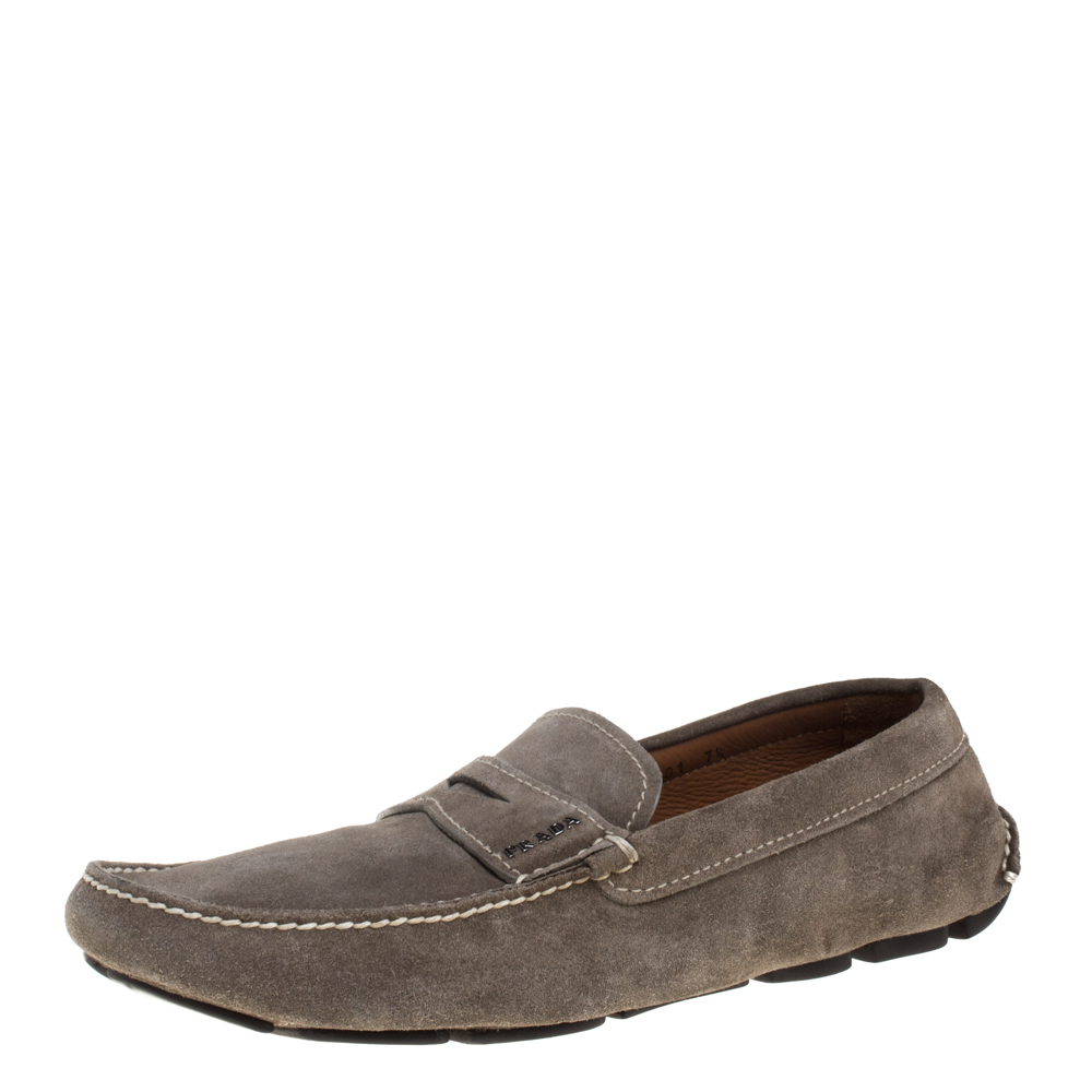 luxury-men-prada-used-shoes-p387095-006 Prada Olive Green Suede Penny Loafers Size 41.5