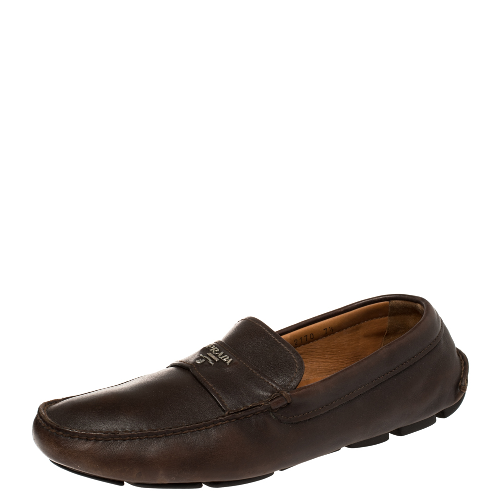 luxury-men-prada-used-shoes-p387099-007 Prada Brown Leather Slip On Loafers Size 41.5