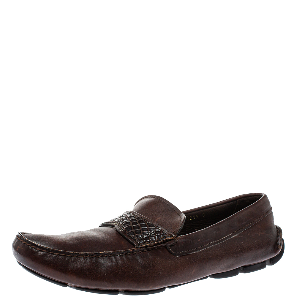 Prada Brown Croc And Leather Slip On Loafers Size 44.5