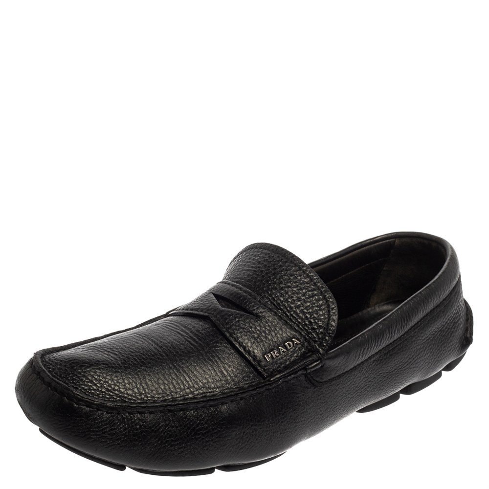 Prada Black Leather Penny Slip On Loafers Size 45
