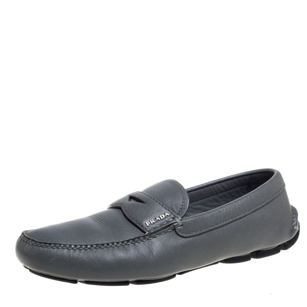 Prada Grey Leather Slip On Loafers Size 41