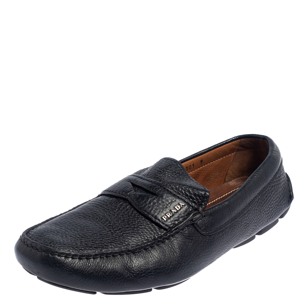 luxury-men-prada-used-shoes-p445482-001 Prada Blue Leather Penny Slip On Loafers Size 43