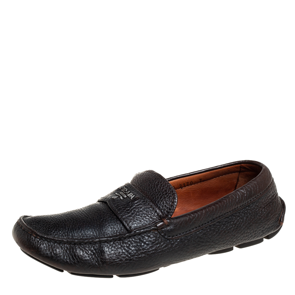 luxury-men-prada-used-shoes-p457209-004 Prada Dark Brown Leather Slip On Loafers Size 41