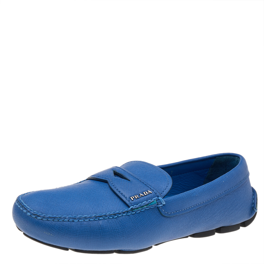 luxury-men-prada-used-shoes-p541183-006-2 Prada Blue Leather Slip On Loafers Size 41