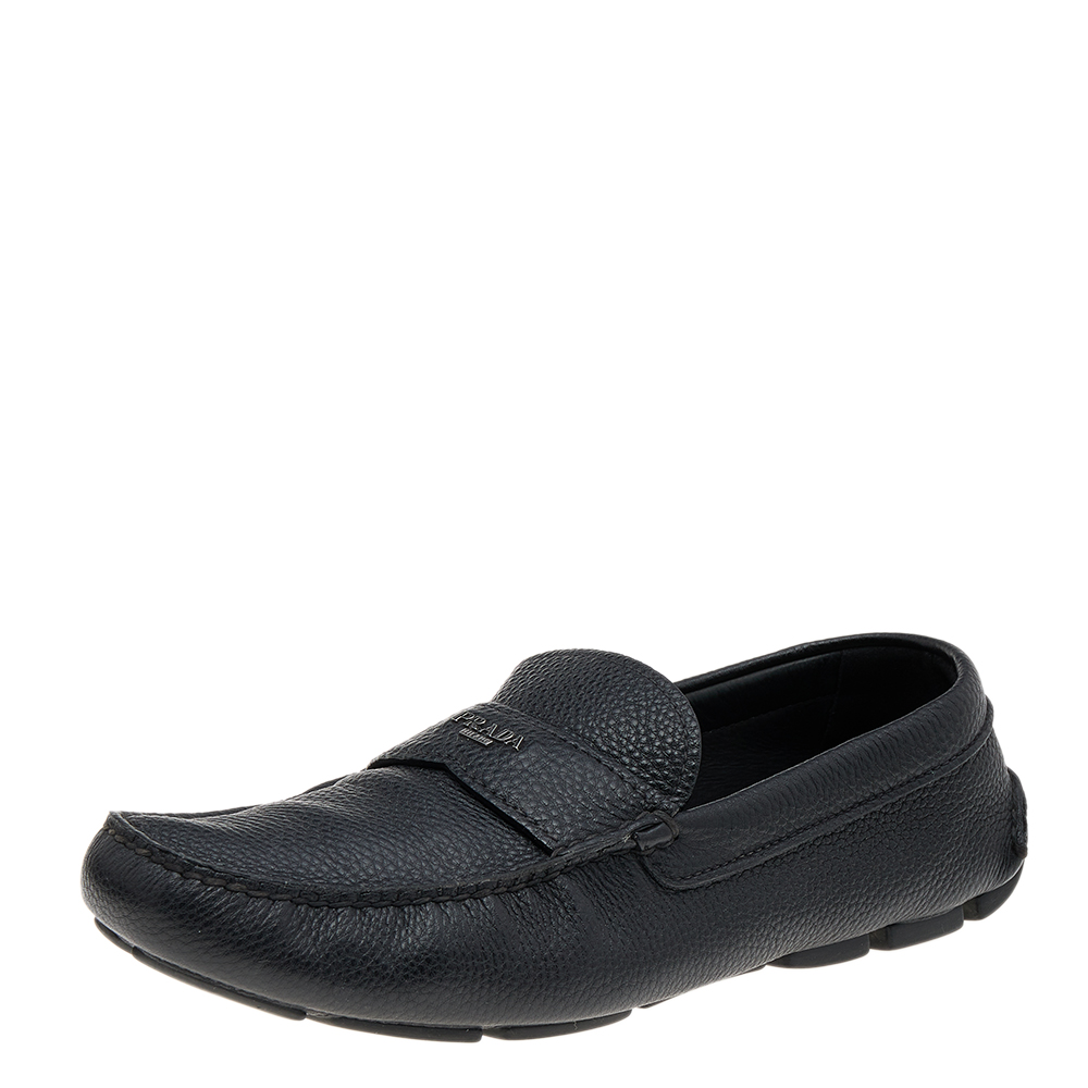 luxury-men-prada-used-shoes-p562176-006-2 Prada Black Leather Slip On Loafers Size 42.5