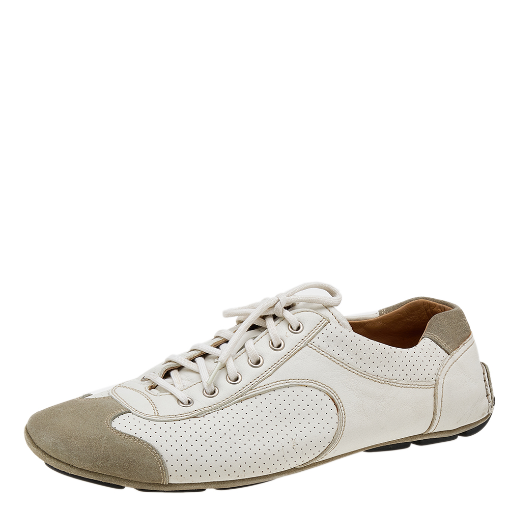 luxury-men-prada-used-shoes-p610669-006-2 Prada White/Grey Leather And Suede Perforated Low Top Sneakers Size 44.5