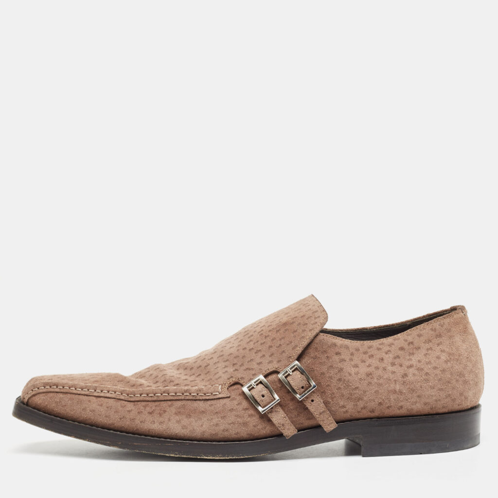 luxury-men-prada-used-shoes-p939173-005 Prada Brown Textured Suede Monk Strap Loafers Size 43