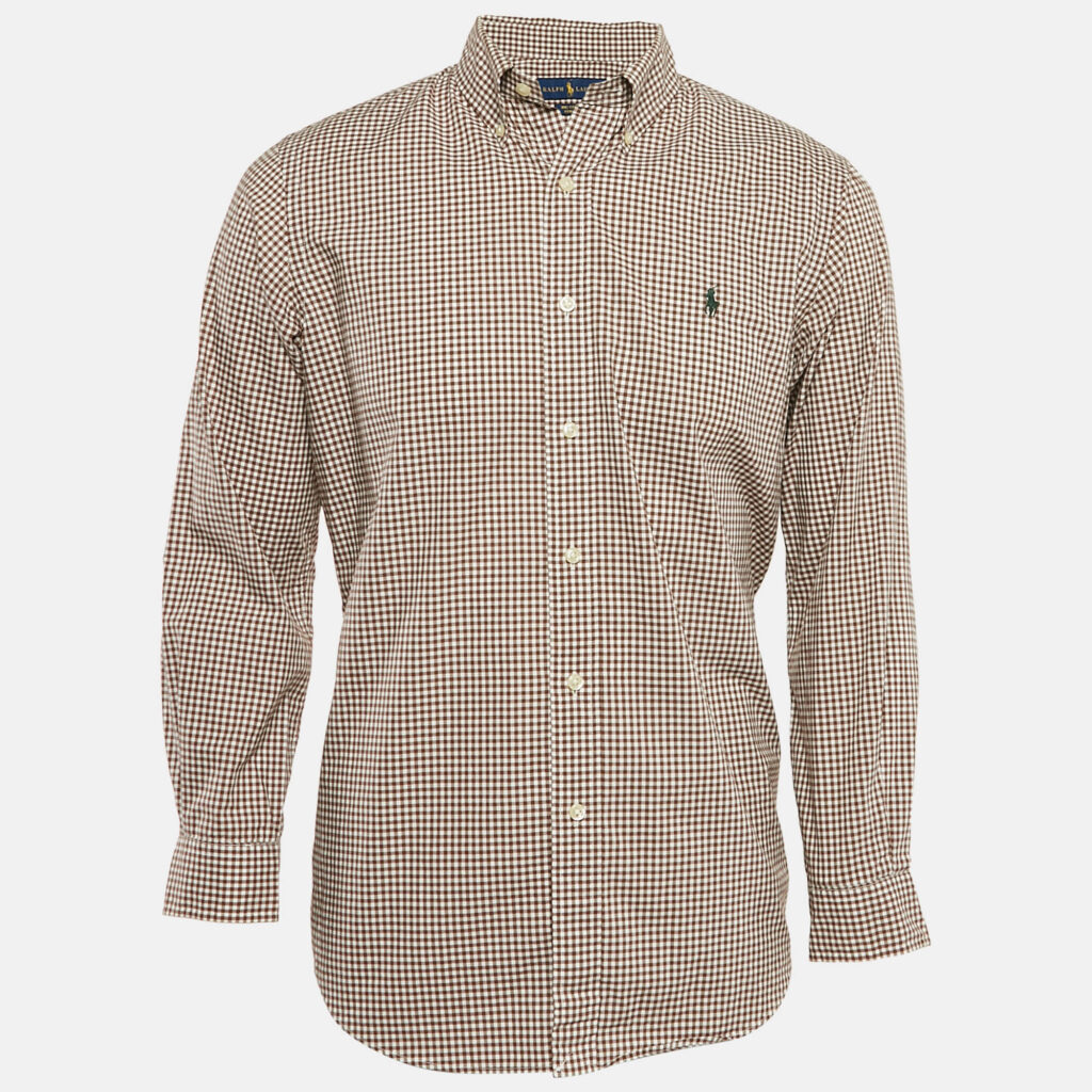 Ralph Lauren Brown Gingham Checks Stretch Cotton Shirt M