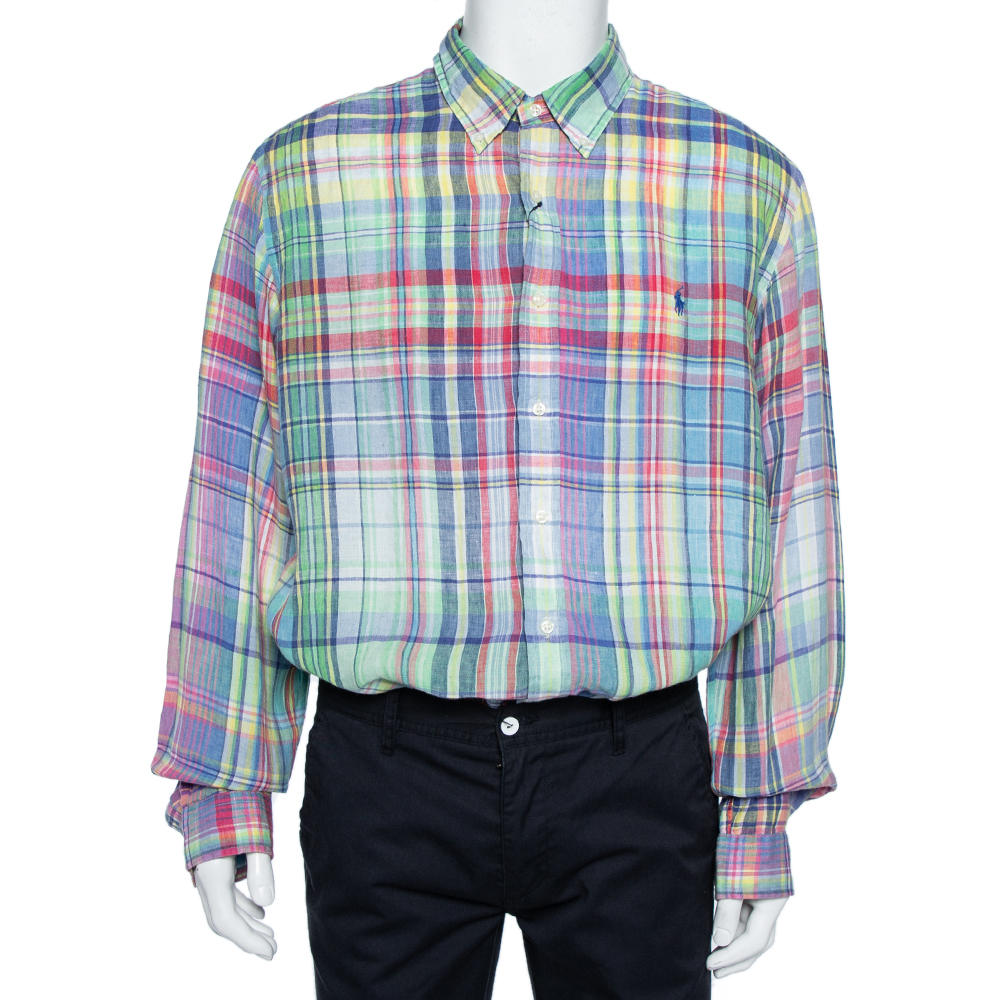 luxury-men-ralph-lauren-used-clothes-p476646-007 Ralph Lauren Multicolor Checkered Ocean Wash Linen Slim Fit Shirt XXL