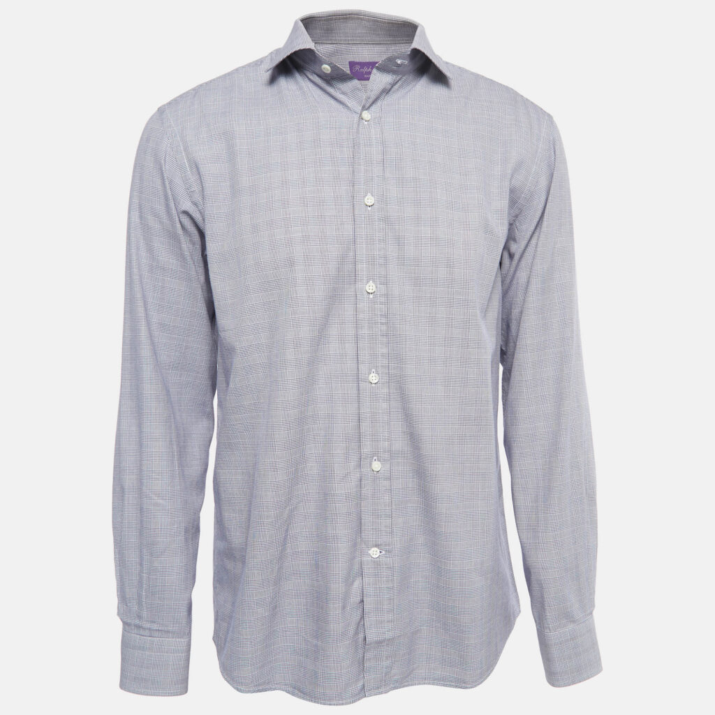 luxury-men-ralph-lauren-used-clothes-p831810-006 Ralph Lauren Navy Blue Checked Cotton Button Front Full Sleeve Shirt L