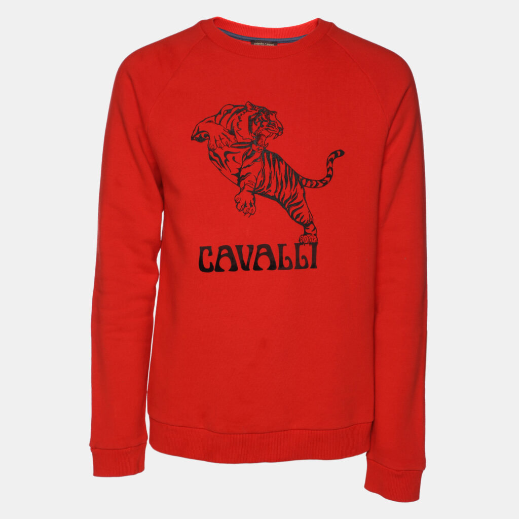 luxury-men-roberto-cavalli-used-clothes-p1110879-001 Roberto Cavalli Orange Cotton Knit Blend Tiger Print Sweatshirt L