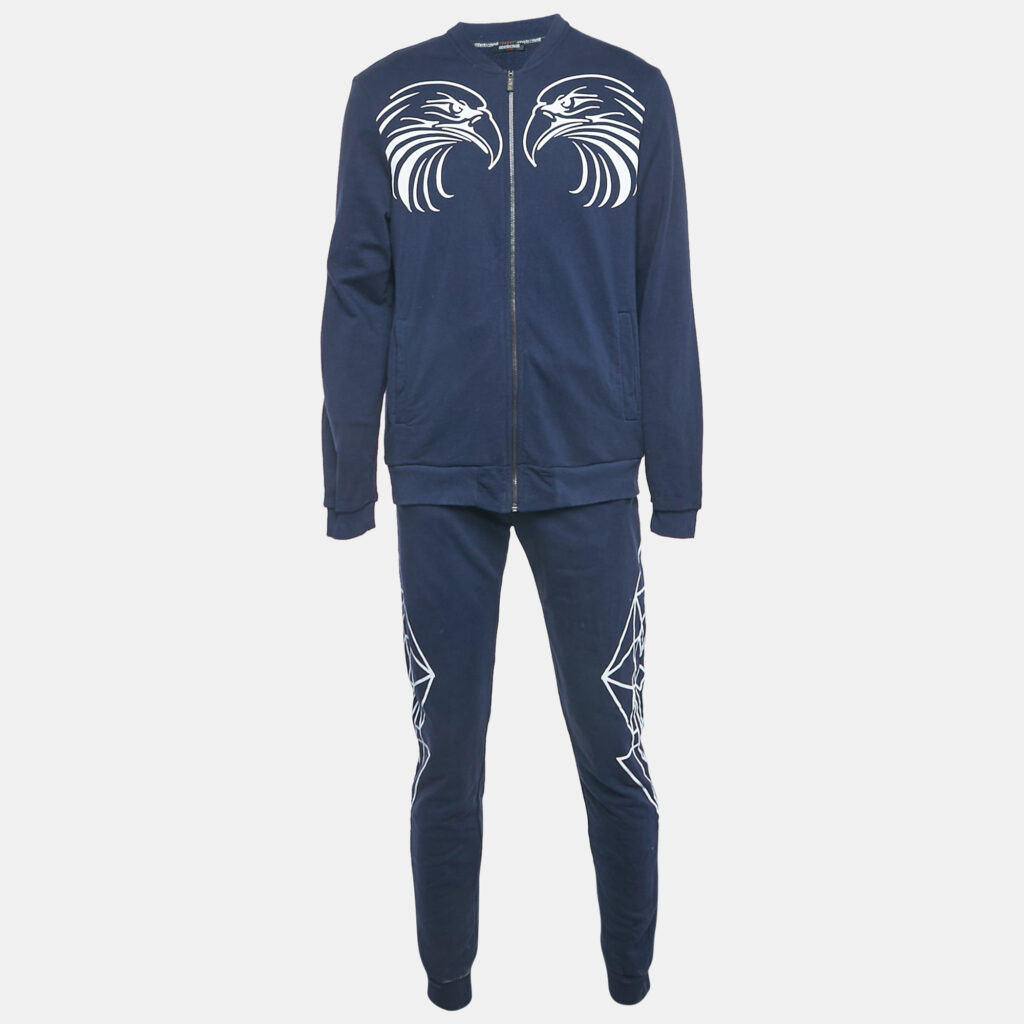 Roberto Cavalli Navy Blue Printed Cotton Knit Zip Front Jacket & Joggers Set L