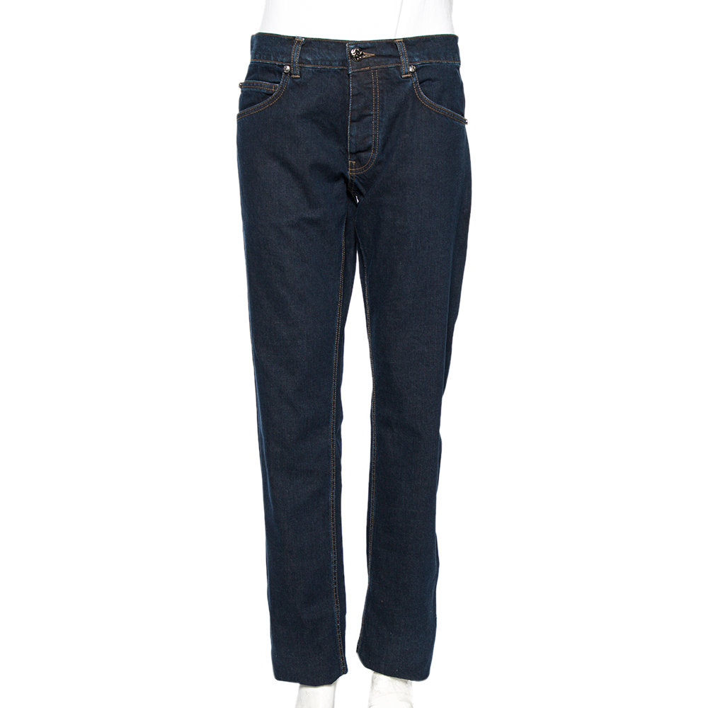 Roberto Cavalli Indigo Denim Embroidered Trim Detail Button-Up Jeans L