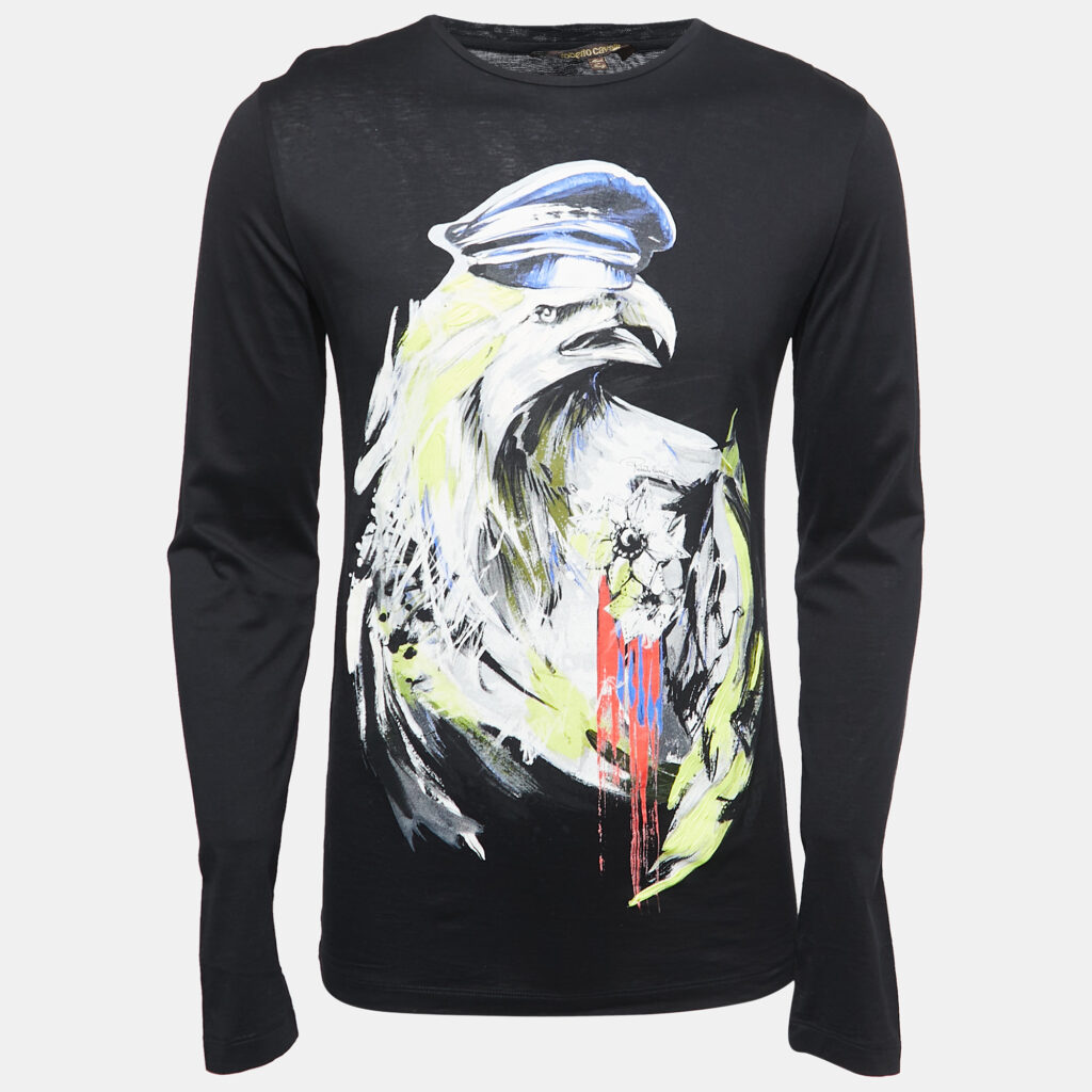 luxury-men-roberto-cavalli-used-clothes-p802031-005 Roberto Cavalli Black Printed Cotton Full Sleeve T-Shirt S