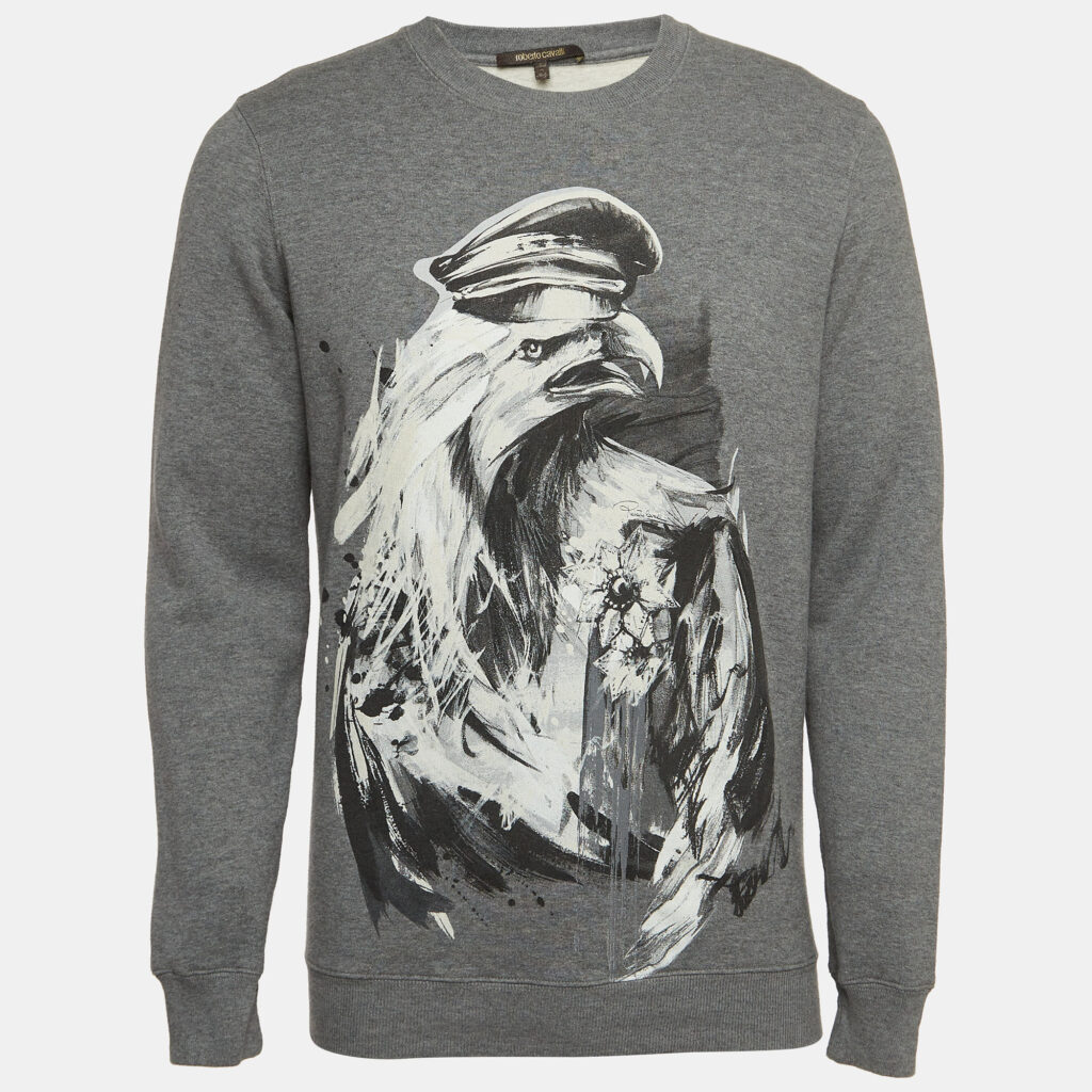 luxury-men-roberto-cavalli-used-clothes-p934021-003 Roberto Cavalli Grey Eagle Print Cotton Knit Sweatshirt S